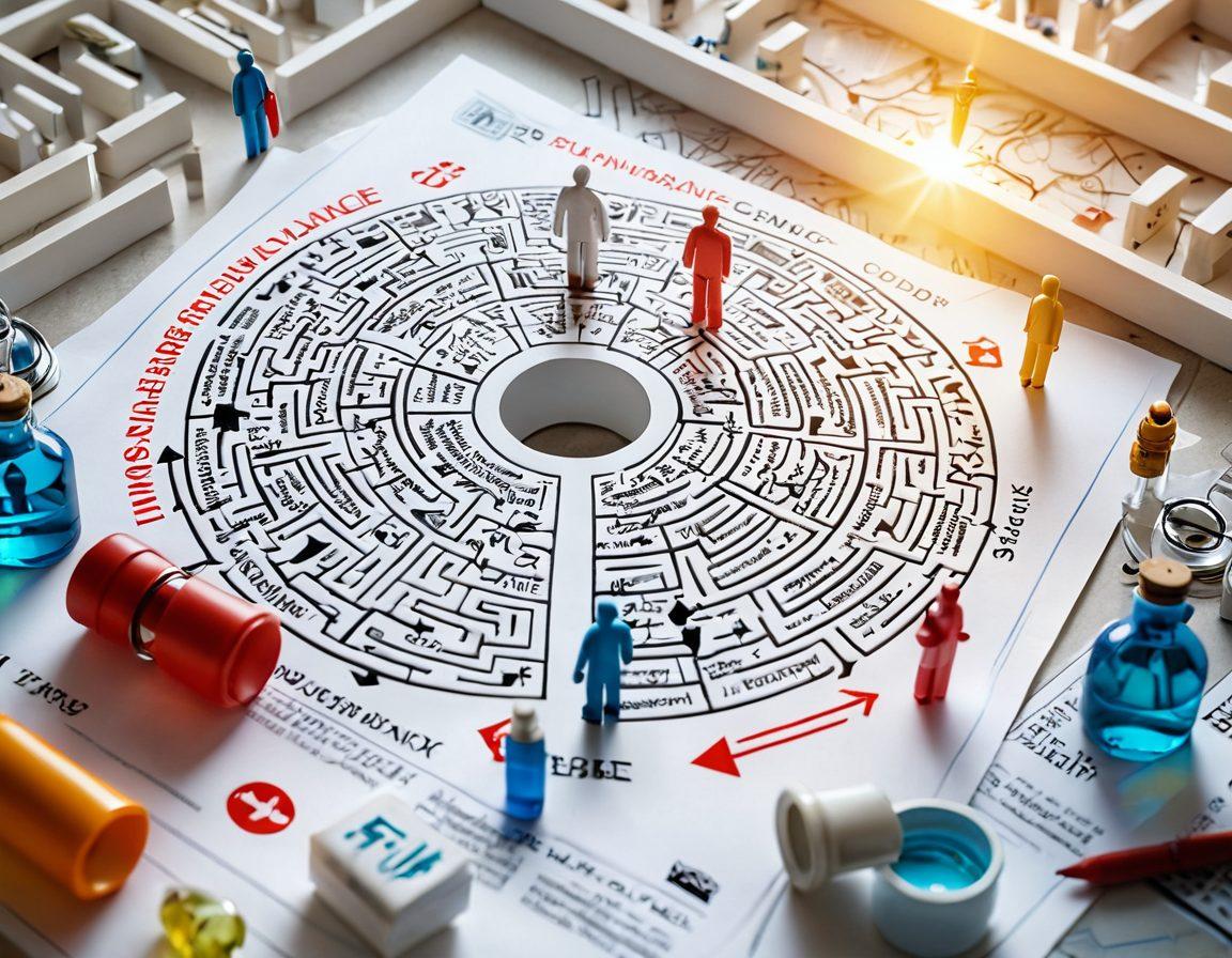 A knowledgeable guide leading a patient through a labyrinthine maze made of health insurance documents and oncology symbols, with bright arrows pointing towards affordable health plans. In the background, a hopeful sun beams down, symbolizing clarity and understanding. Include visual cues like stethoscopes and medicine bottles to emphasize healthcare. super-realistic. vibrant colors. white background.