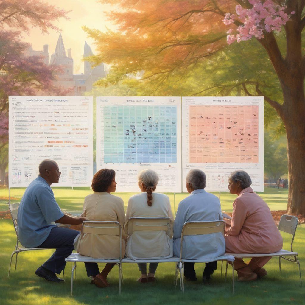 A comforting scene depicting a diverse group of people discussing health coverage options, surrounded by policy charts and treatment modalities, with a backdrop of a hospital and a serene park. Include elements symbolizing hope, like butterflies, to represent progress and recovery. Soft pastel colors for an uplifting feel. super-realistic. vibrant colors. warm ambiance.